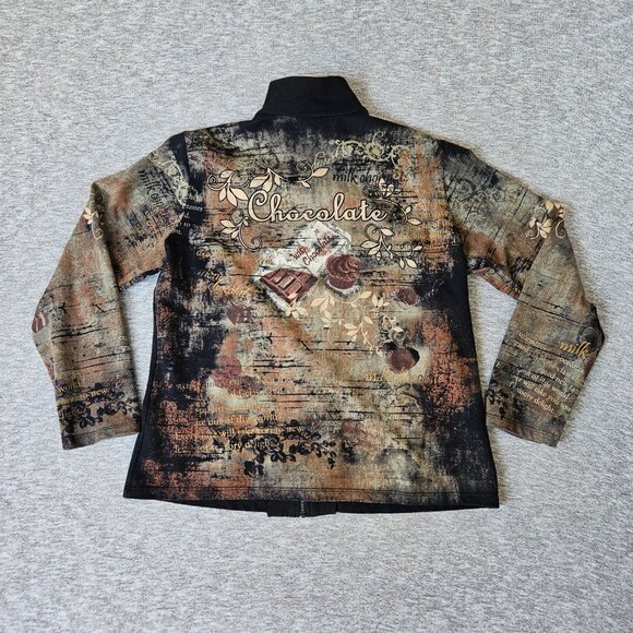 Jess & Jane Jacket Womens XL Artsy Zip Rhinestone Chocolate Sweater Dark Floral - Picture 2 of 9